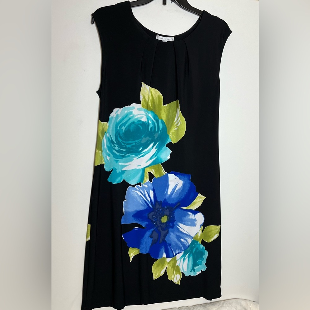 Sandra Darren Women’s Floral Dress Black Blue Green Size 12 Stretch Fabric